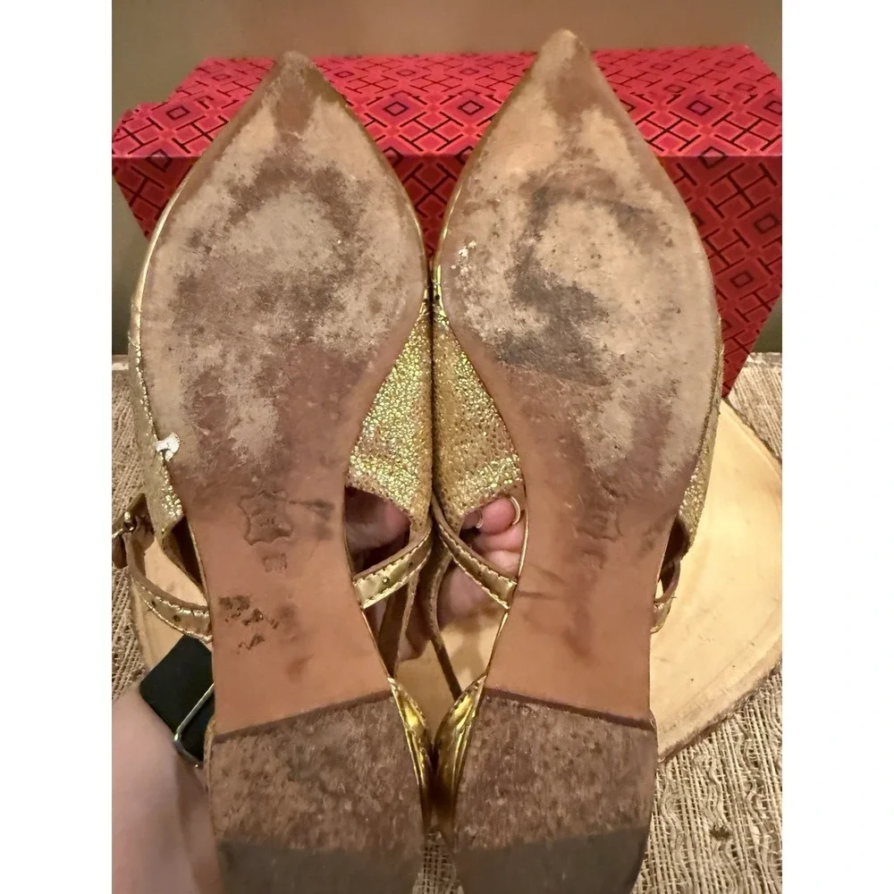 Tory Burch Bernadette 9M metallic Gold leather Mary Jane pointed-toe flats 358$ - Picture 13 of 14